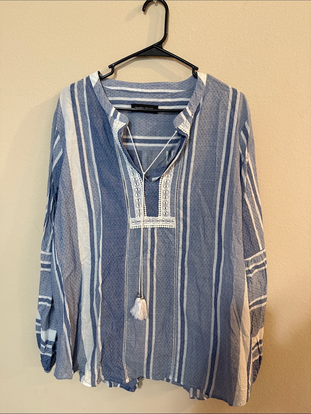 Ivanka Trump Blue and White Striped Casual Button-Down Shirt with Tassel
